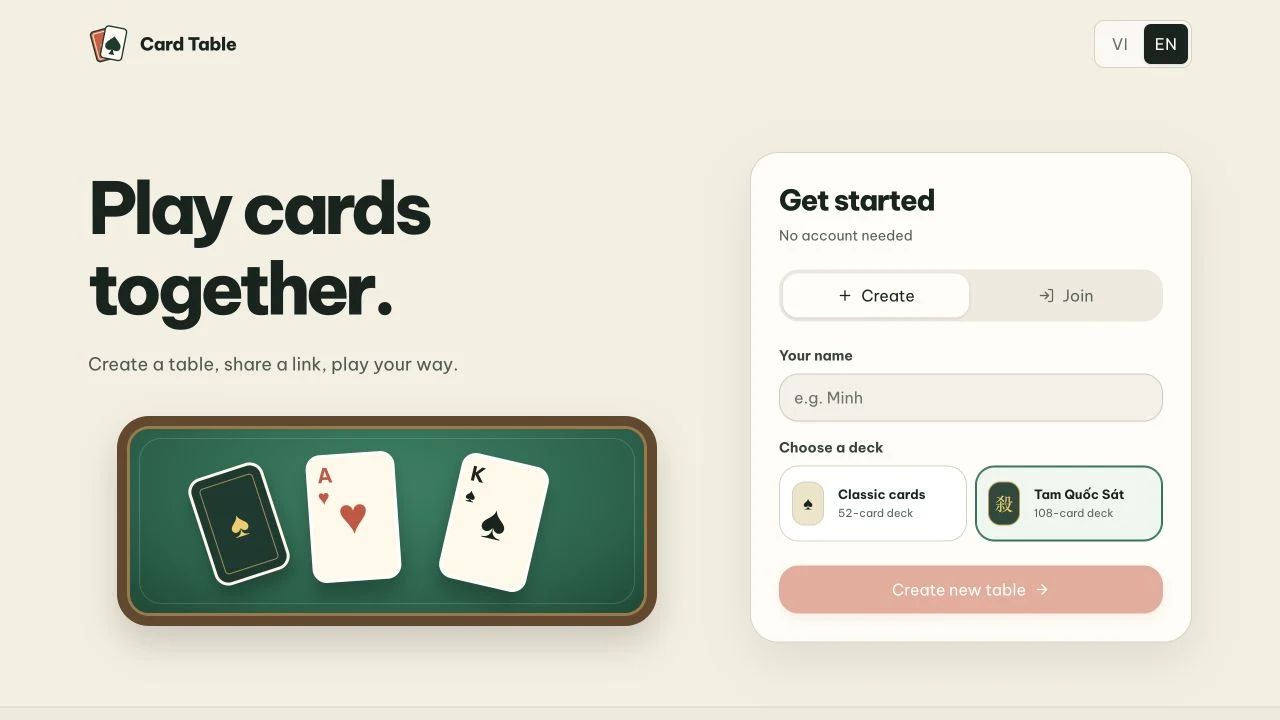 Card Table app interface