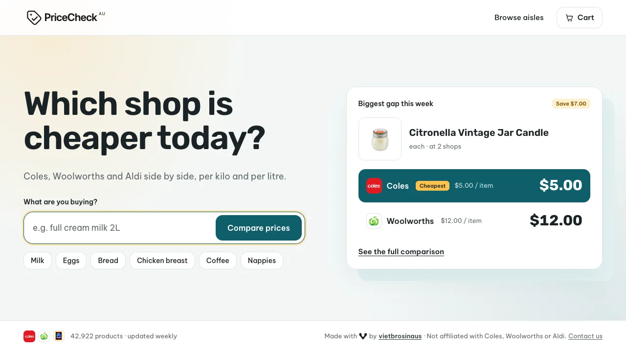 PriceCheck AU app interface
