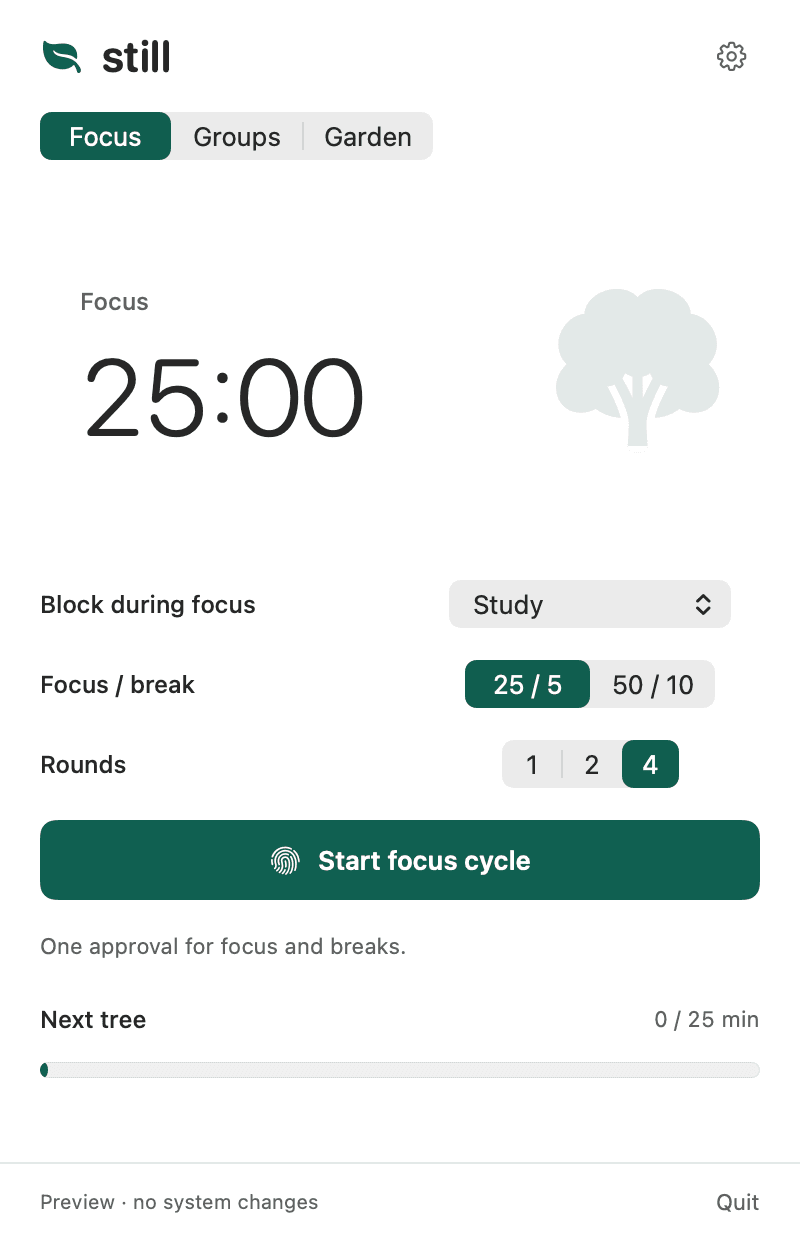 Still’s Focus panel with the Study group, 25/5 focus and break durations, four rounds, and progress toward a virtual tree.